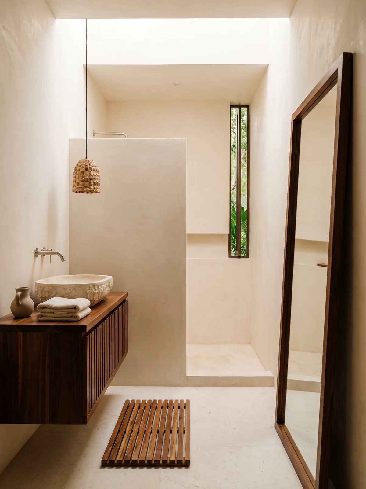A plaster bathroom with a carved stone basin on a slatted wood vanity (concept visualization)