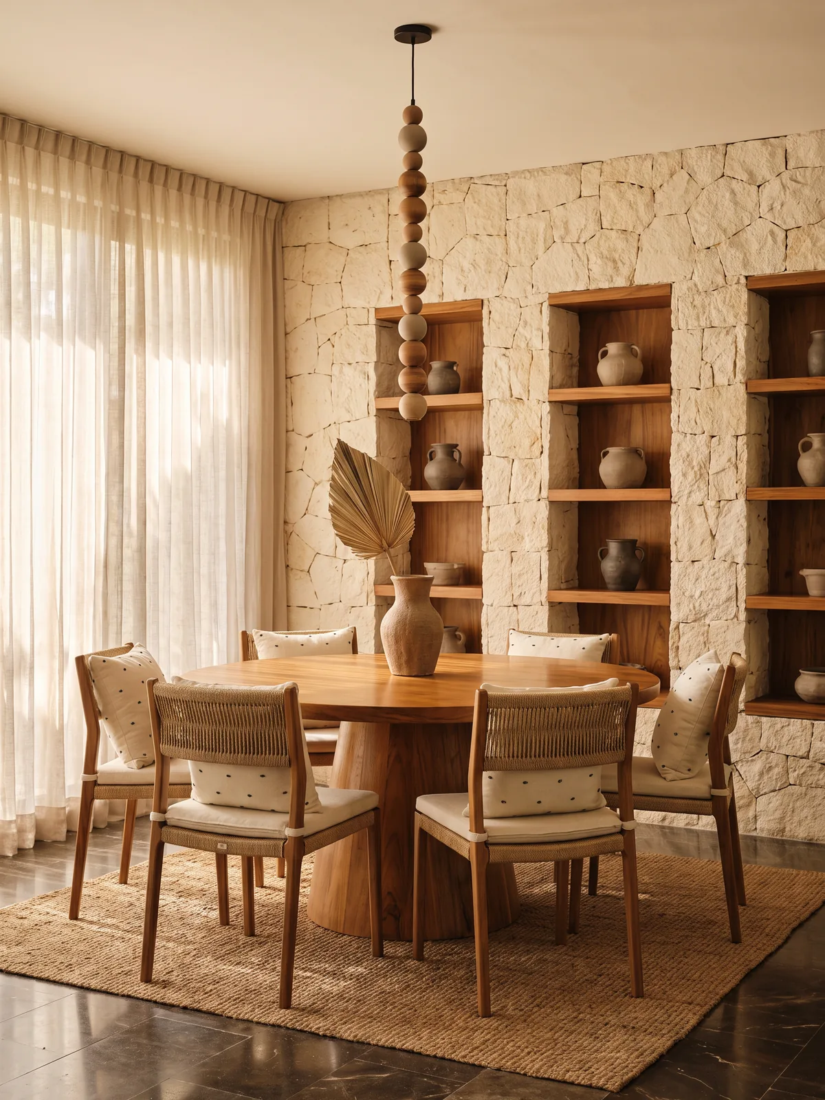 A dining room with a round wood table, rope chairs and a stone wall with clay vessels (concept visualization)