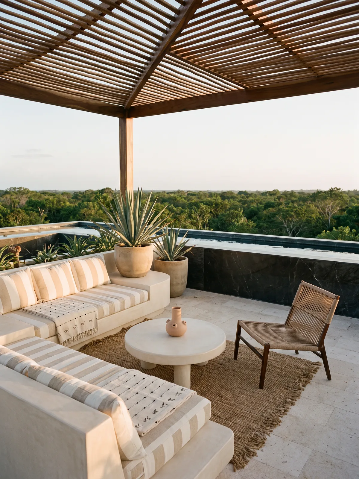 A rooftop lounge under a wood pergola, overlooking the jungle (concept visualization)