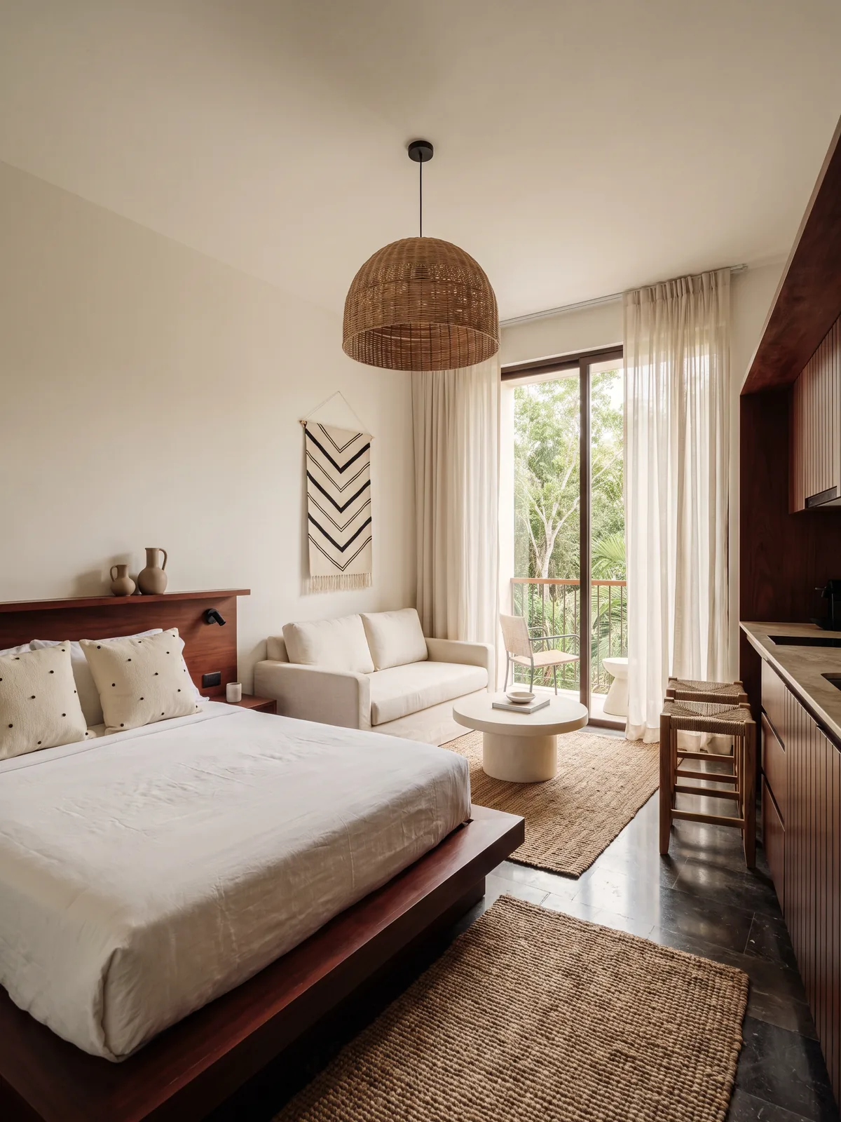 A studio apartment with a platform bed, sofa, rattan pendant and wood kitchen (concept visualization)