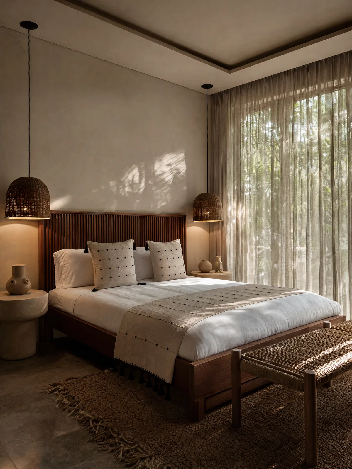 A primary bedroom with a slatted wood headboard and woven pendants (concept visualization)