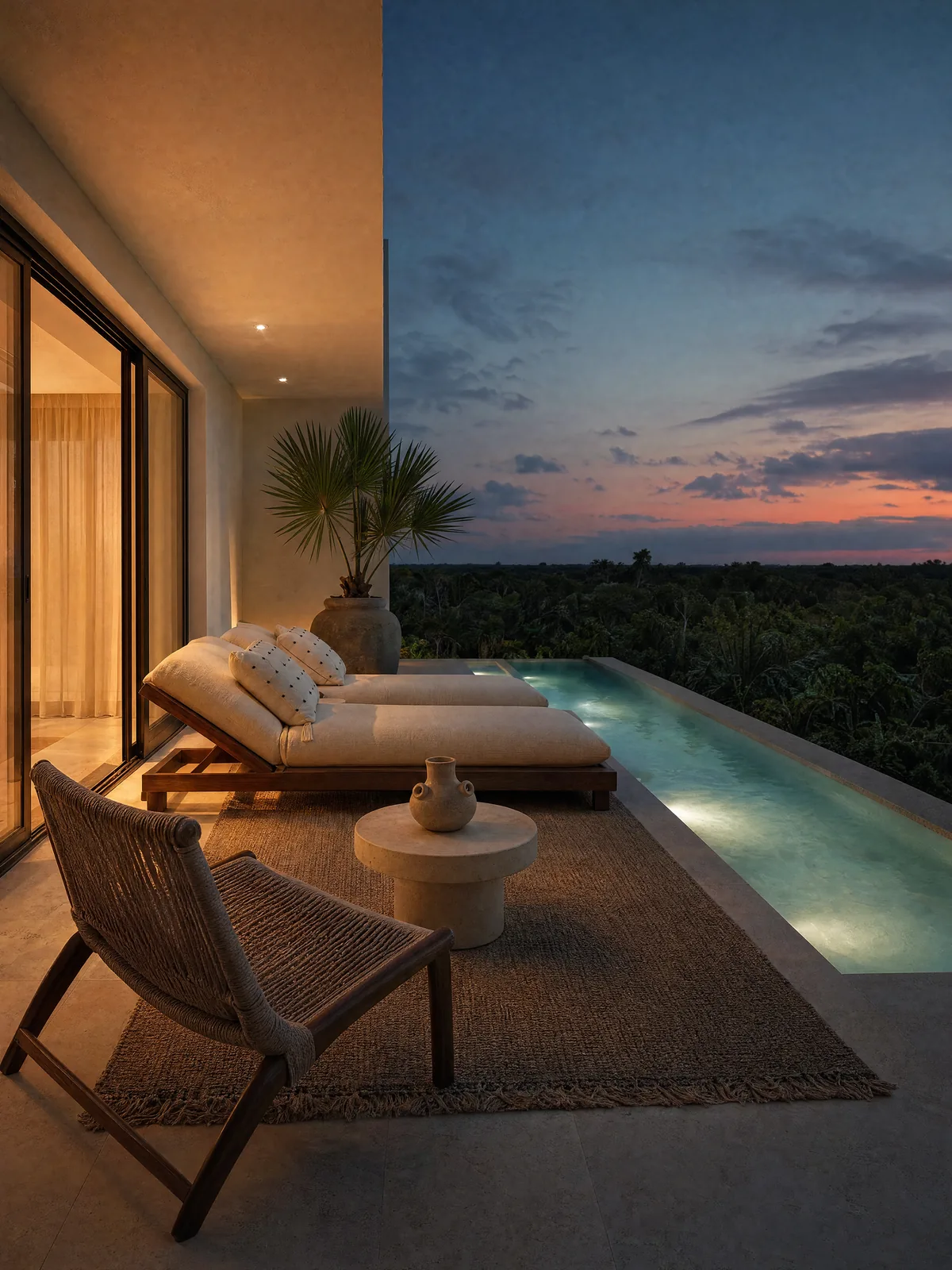 A terrace at dusk with daybeds, a rope chair and a lit pool over the jungle (concept visualization)